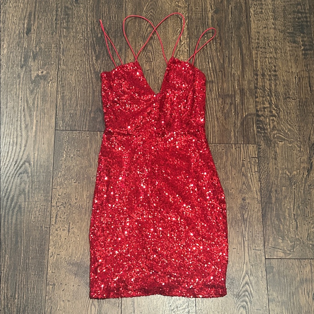 Windsor Sparkling Red Sequin Crisscross Straps Mini Dress
